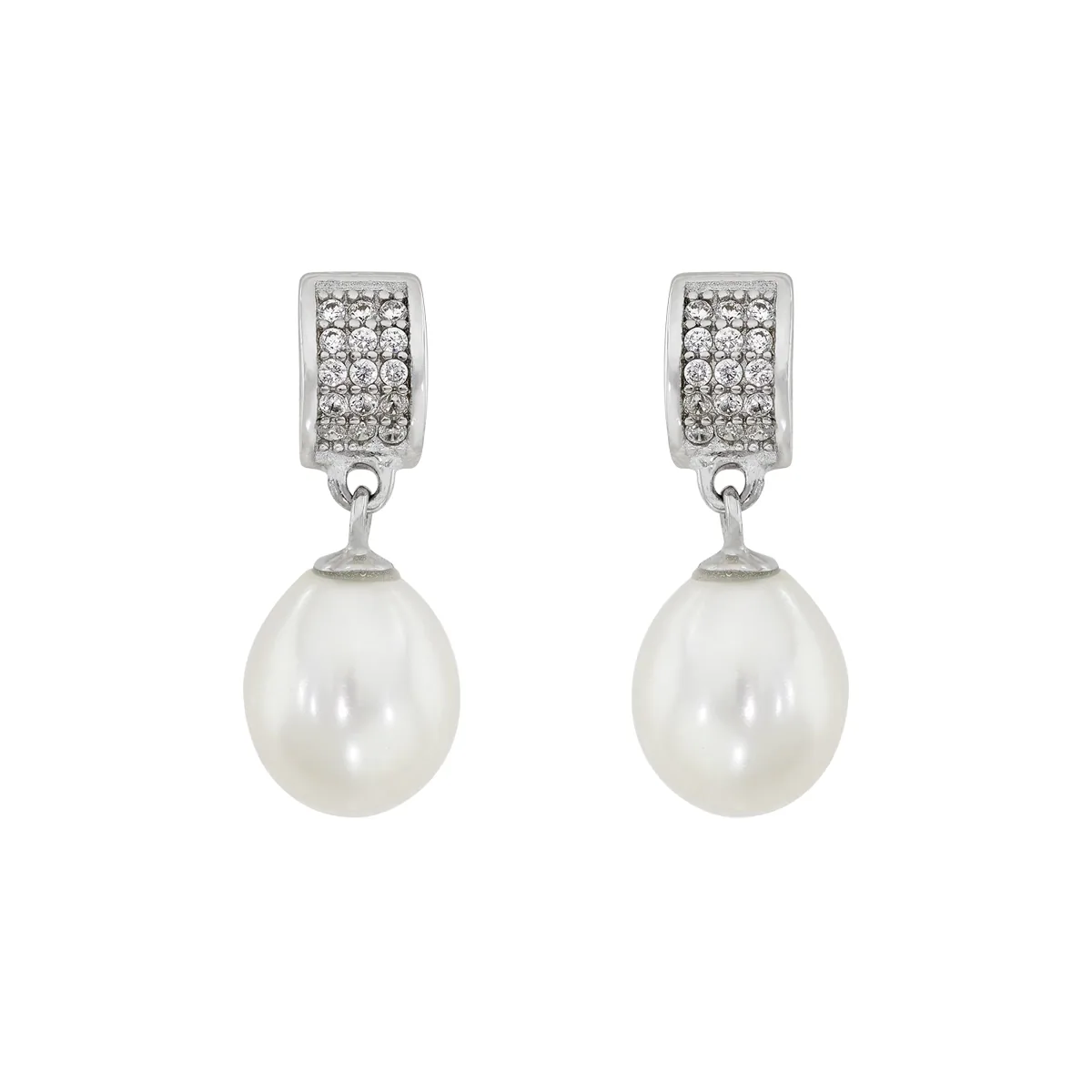 Aretes en plata Ley 925, Barras, con perlas centrales de 7 mm de ancho aprox y decoración en zircones, de la coleccion Sueños