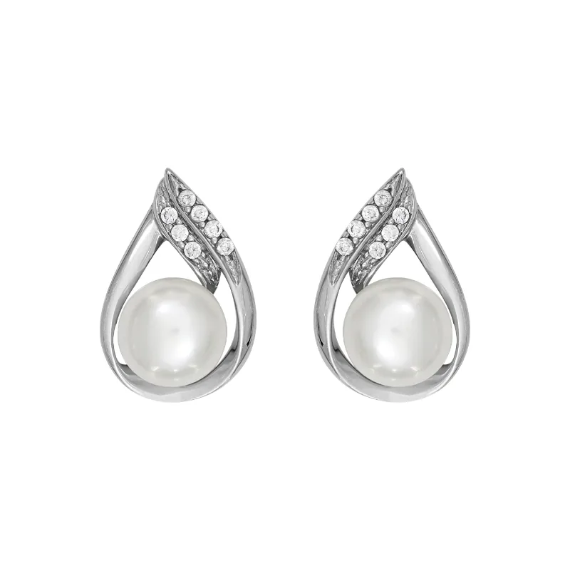 Aretes en plata Ley 925, Lágrima, con 2 perla sintéticas centrales y decoración en cristales, de la coleccion Sueños
