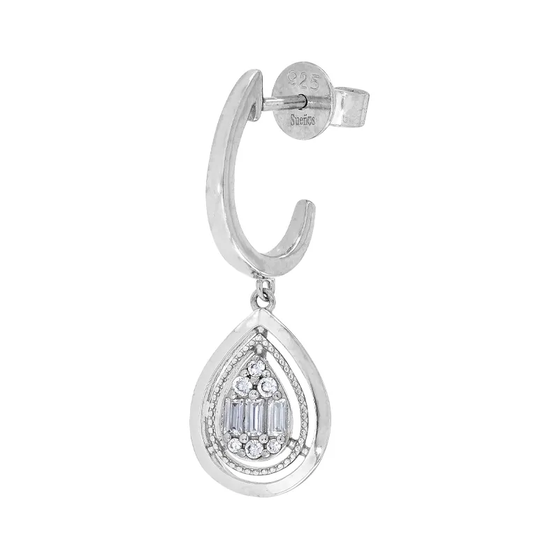 Aretes en plata Ley 925, Lágrima, con zircones, 1.50 mm. de ancho, de la coleccion Sueños