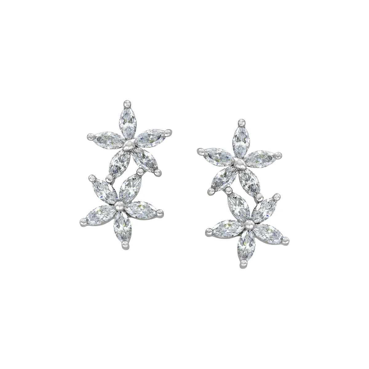 Aretes en plata Ley 925, Flores, con cristales centrales, de la coleccion Sueños