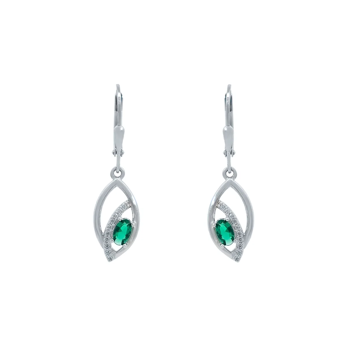 Aretes en plata Ley 925, Hoja, con 2 zircones centrales y decoración en zircones, de la coleccion Sueños