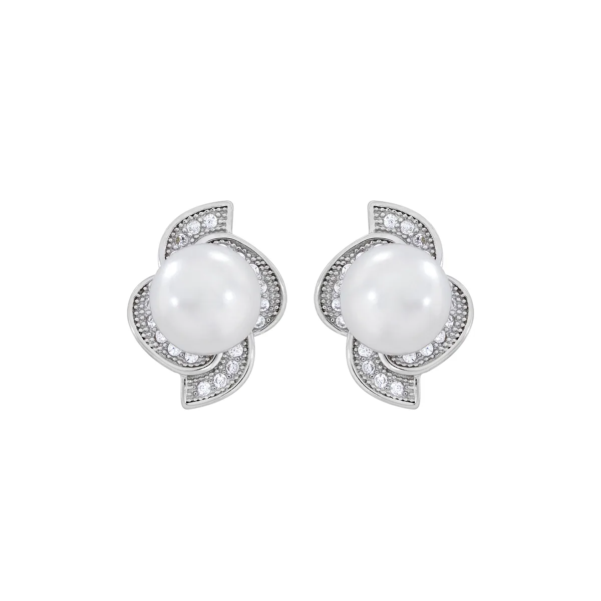 Aretes en plata Ley 925, Onda, con perlas centrales de 7 mm de ancho aprox y decoración en zircones, de la coleccion Sueños