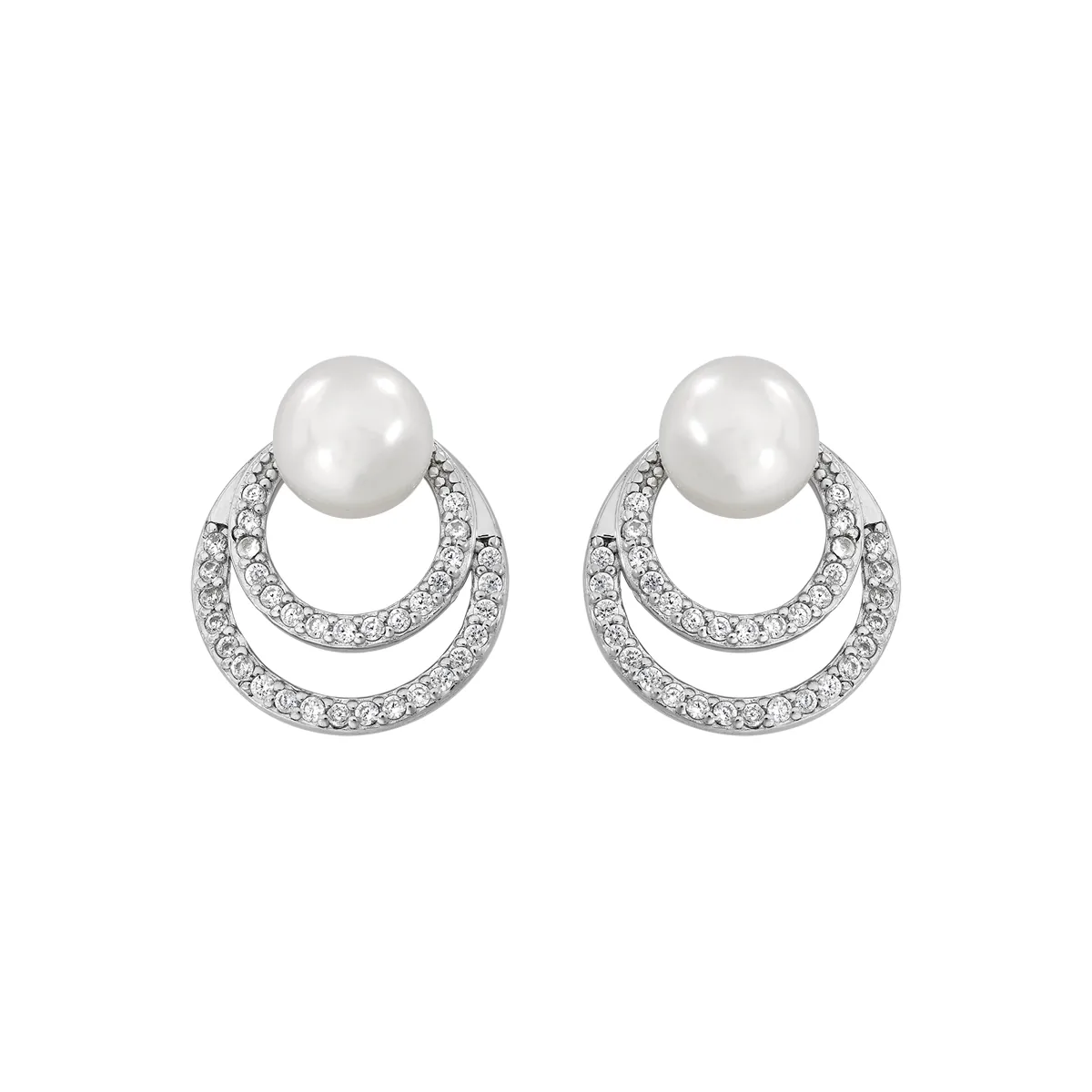 Aretes en plata Ley 925, Figuras geométricas, con perlas centrales de 6 mm de ancho aprox y decoración en zircones, de la coleccion Sueños