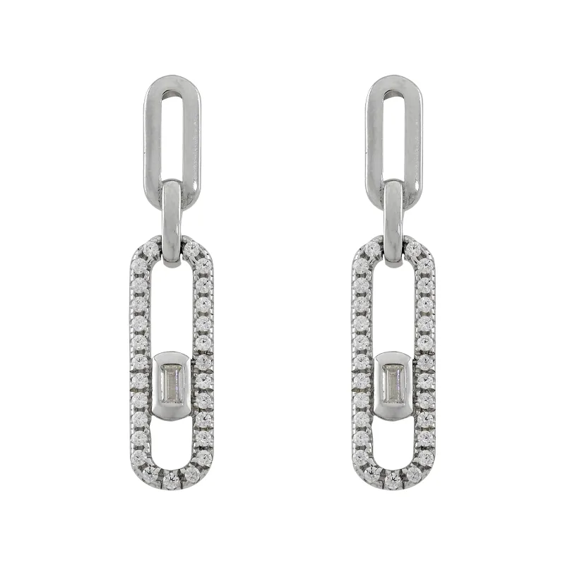 Aretes en plata Ley 925, Figuras geométricas, con 2 zircones centrales y decoración en zircones, de la coleccion Sueños