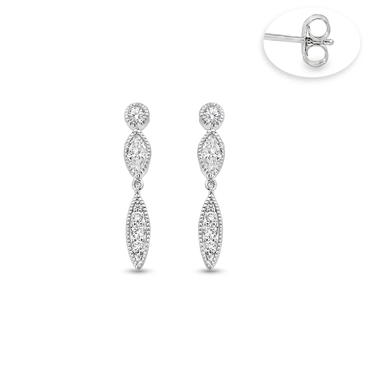 Aretes hoja, con diamante de laboratorio central marquiz y decoración en diamantes de laboratorio, en plata ley 925, rodinado, liso - Colección Sueños