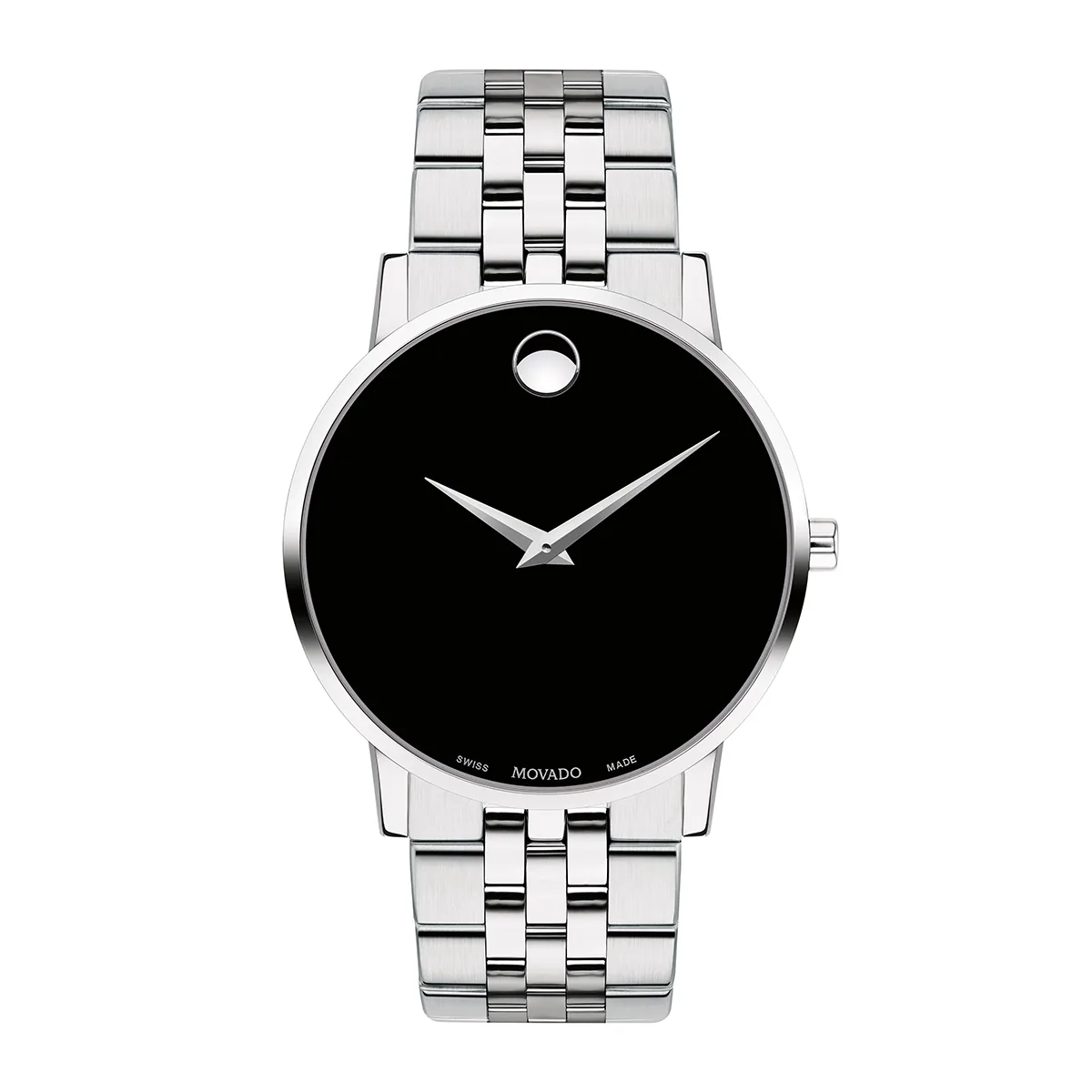 Reloj Movado análogo, para Hombre, tablero redondo colores negro y plateado, estilo sin números, pulso acero color plateado