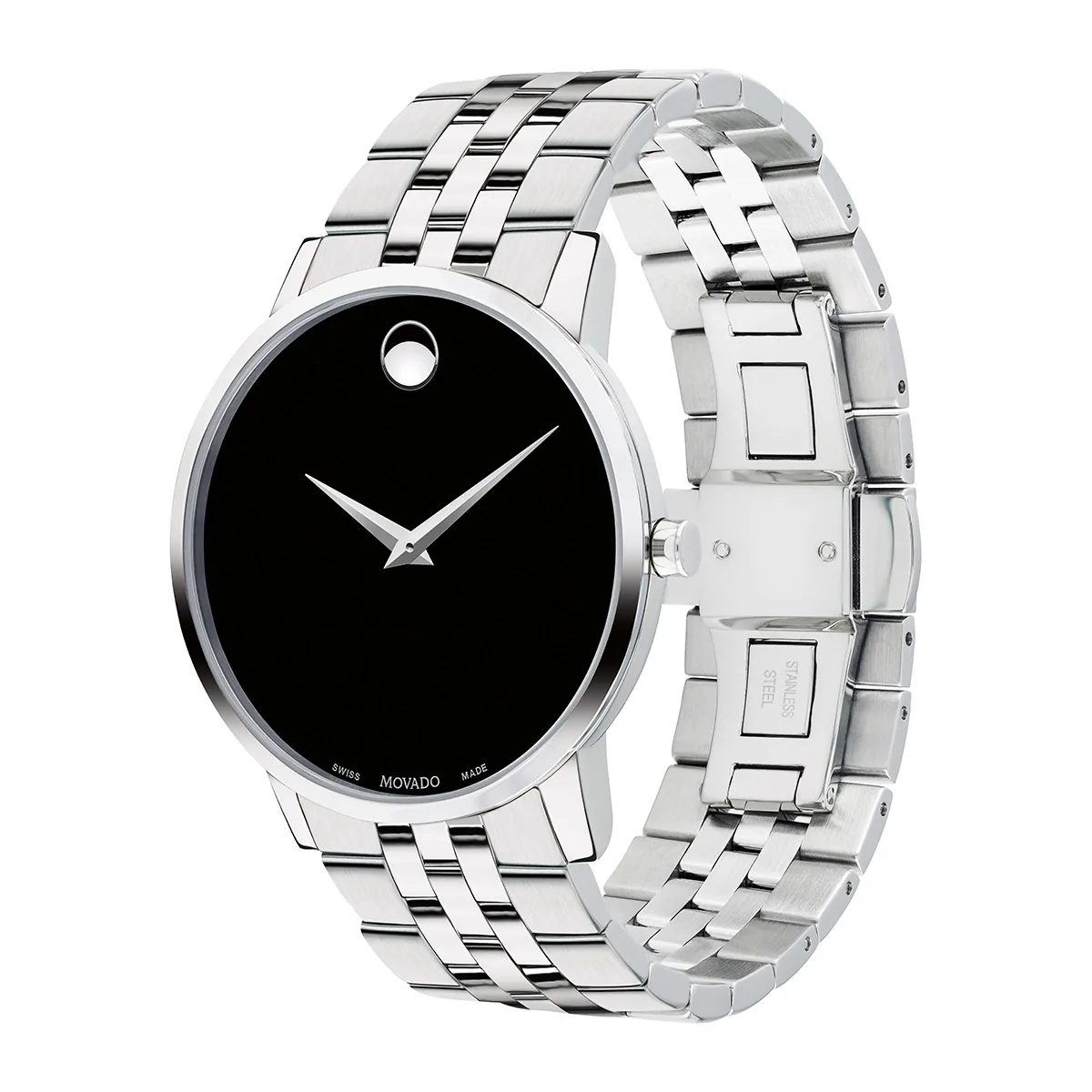 Reloj Movado análogo, para Hombre, tablero redondo colores negro y plateado, estilo sin números, pulso acero color plateado