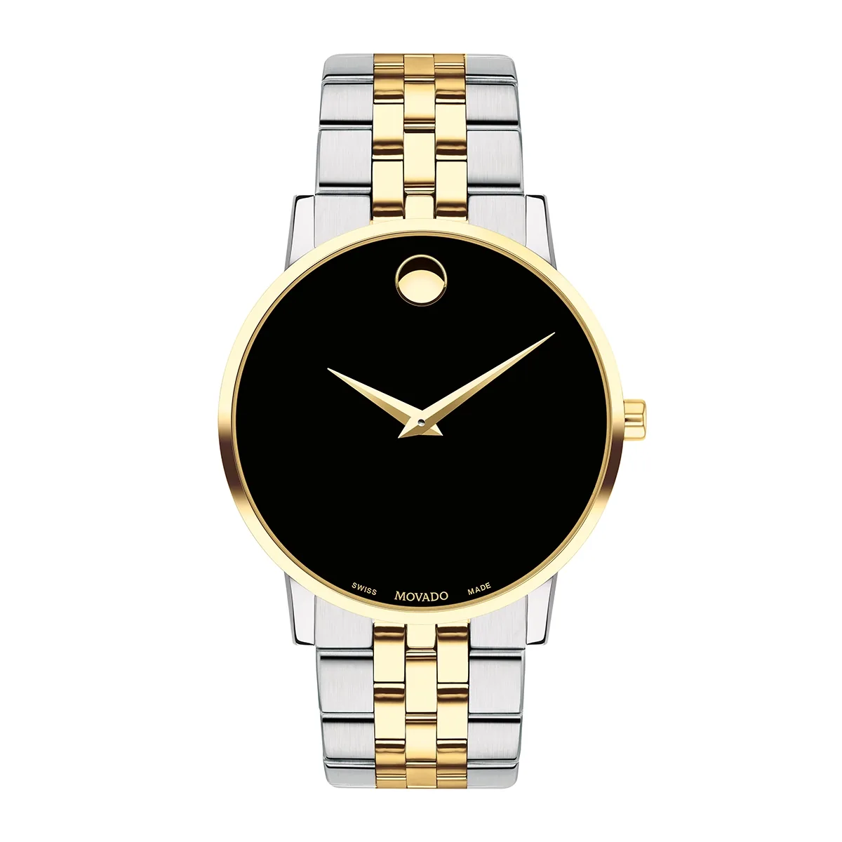 Reloj Movado análogo, para Hombre, tablero redondo colores negro y dorado, estilo sin números, pulso acero colores plateado y dorado
