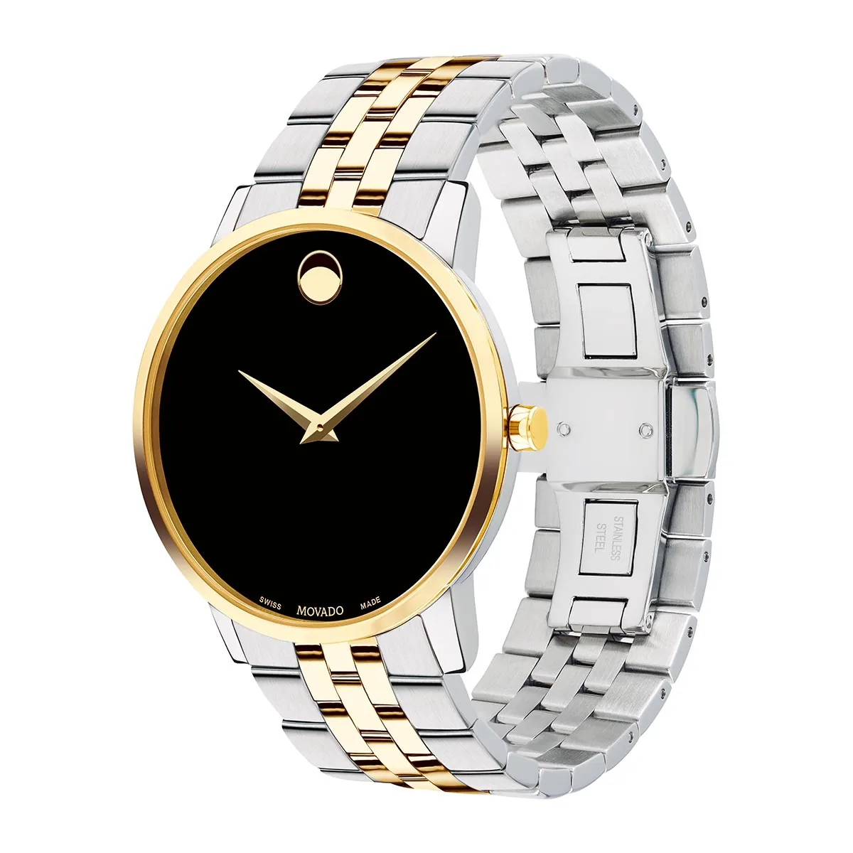 Reloj Movado análogo, para Hombre, tablero redondo colores negro y dorado, estilo sin números, pulso acero colores plateado y dorado