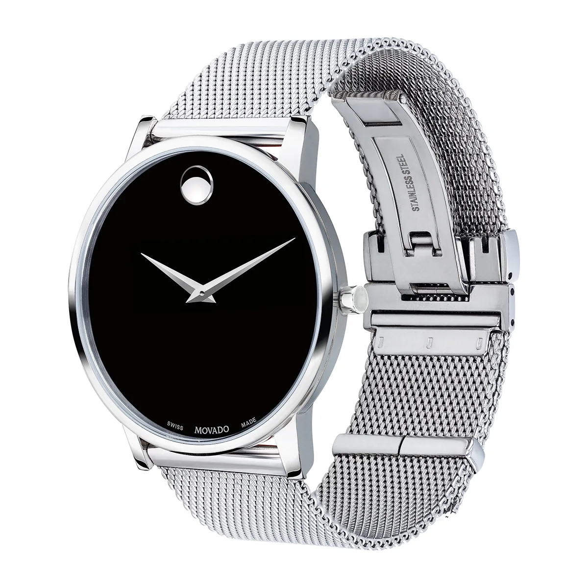 Reloj Movado análogo, para Hombre, tablero redondo colores negro y plateado, estilo sin números, pulso acero color plateado