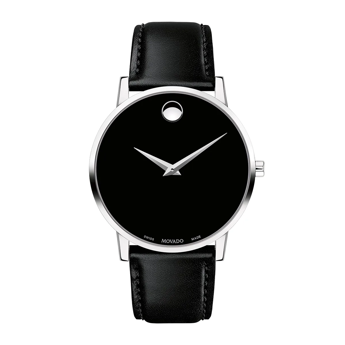 Reloj Movado análogo, para Hombre, tablero redondo colores negro y plateado, estilo sin números, pulso cuero color negro
