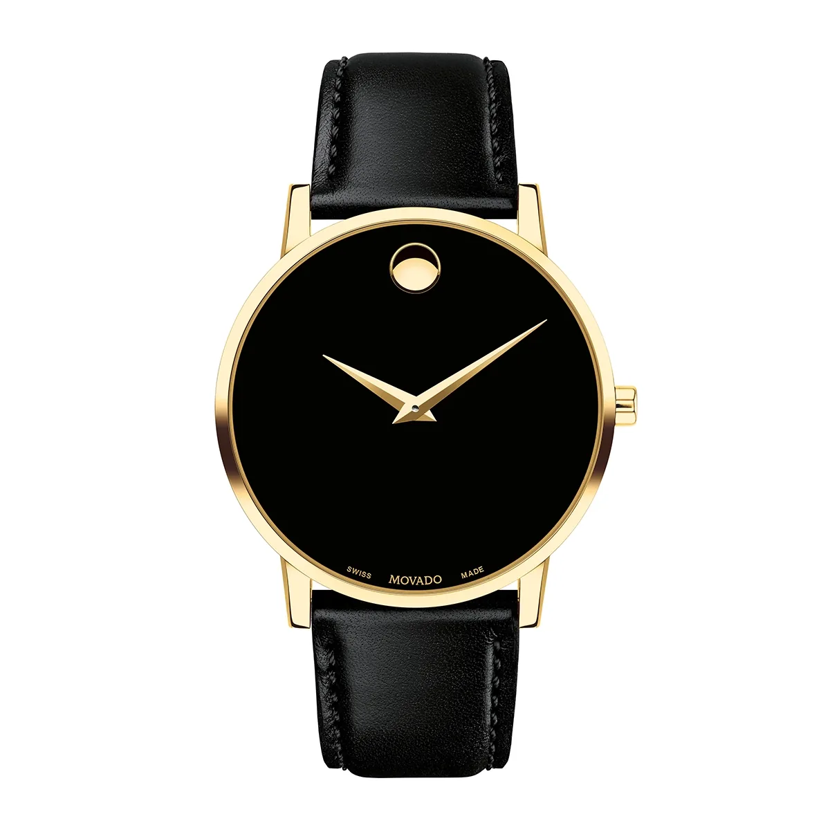 Reloj Movado análogo, para Hombre, tablero redondo colores negro y dorado, estilo sin números, pulso cuero color negro