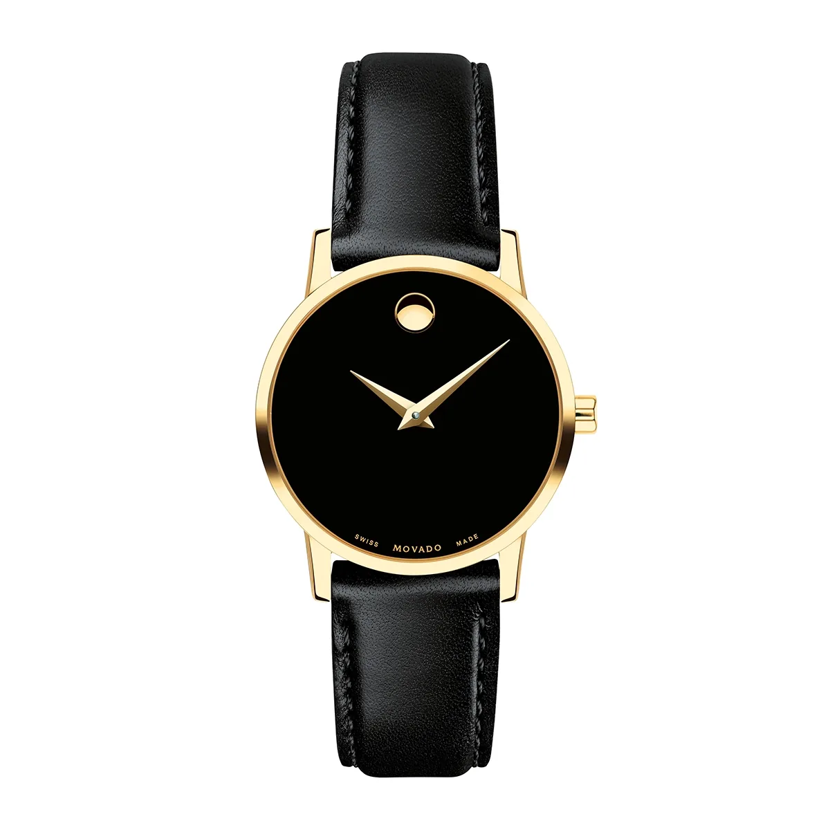 Reloj Movado análogo, para Dama, tablero redondo colores negro y dorado, estilo sin números, pulso cuero color negro