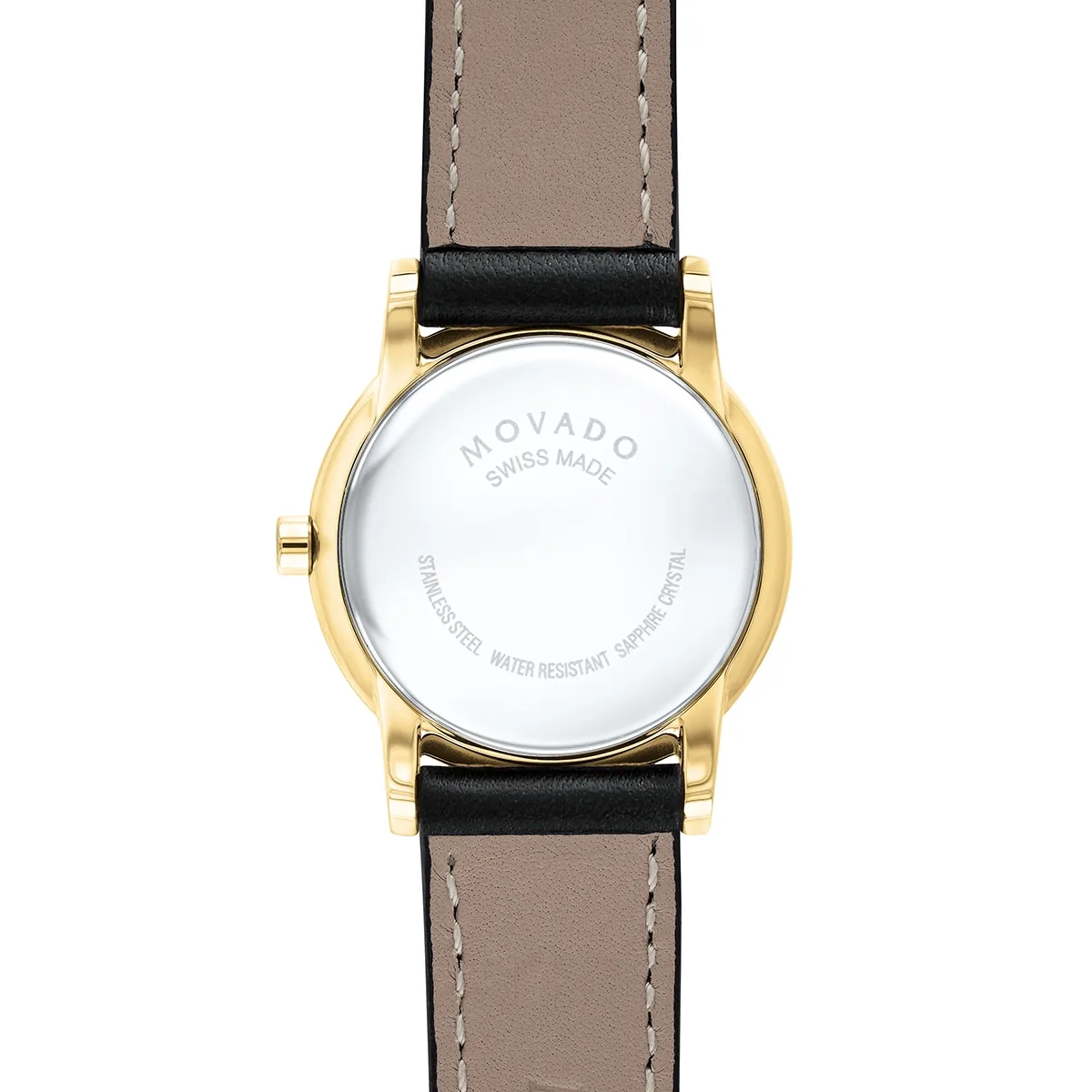 Reloj Movado análogo, para Dama, tablero redondo colores negro y dorado, estilo sin números, pulso cuero color negro