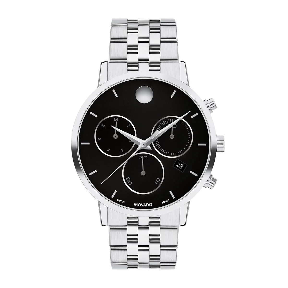 Reloj Movado análogo, para Hombre, tablero redondo colores negro y plateado, estilo index, pulso acero color plateado, calendario, cronografo