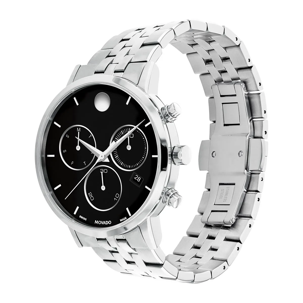 Reloj Movado análogo, para Hombre, tablero redondo colores negro y plateado, estilo index, pulso acero color plateado, calendario, cronografo