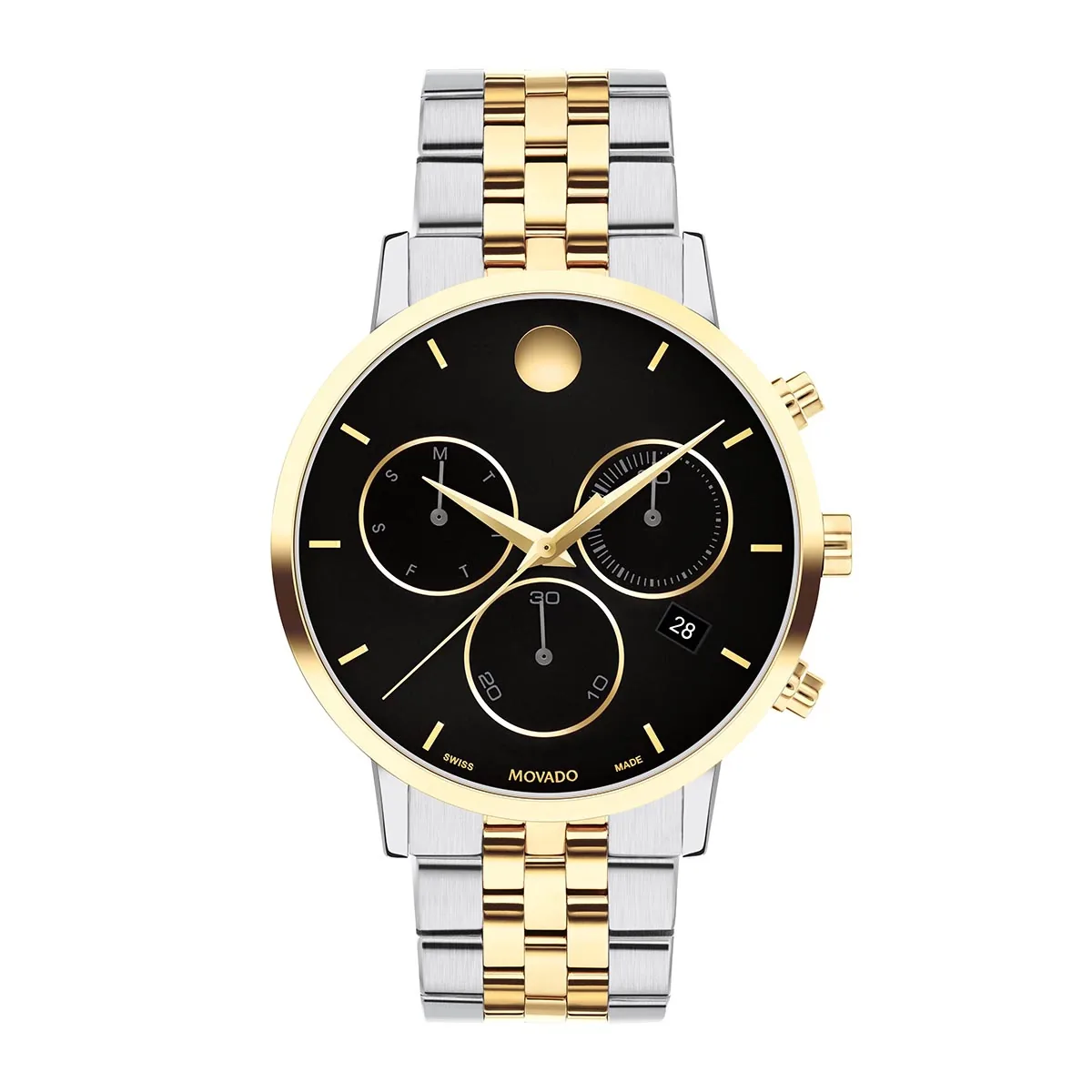 Reloj Movado análogo, para Hombre, tablero redondo colores negro y dorado, estilo index, pulso acero colores plateado y dorado, calendario, cronografo