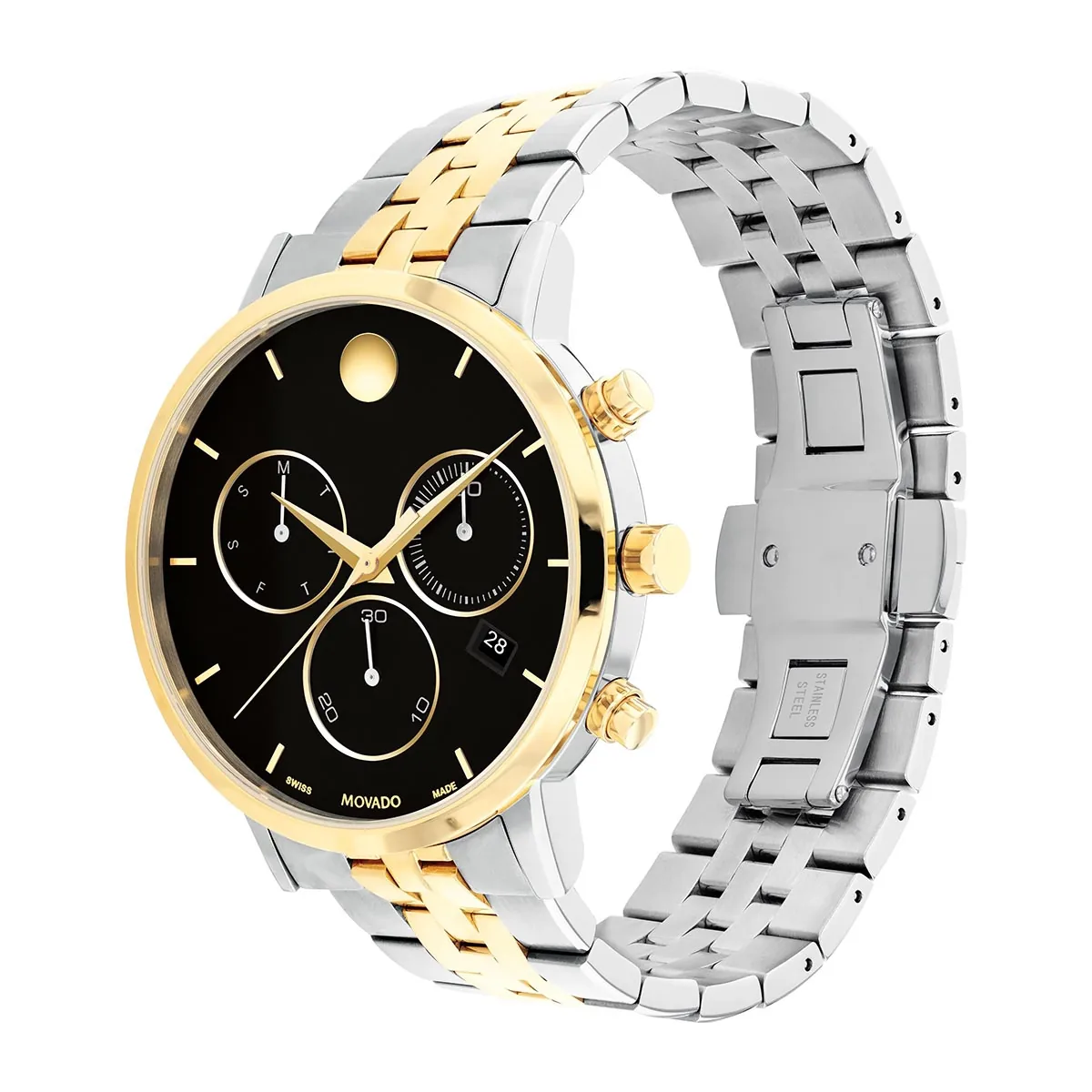 Reloj Movado análogo, para Hombre, tablero redondo colores negro y dorado, estilo index, pulso acero colores plateado y dorado, calendario, cronografo