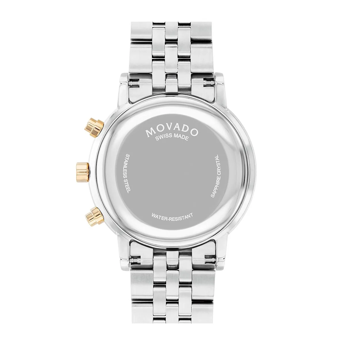 Reloj Movado análogo, para Hombre, tablero redondo colores negro y dorado, estilo index, pulso acero colores plateado y dorado, calendario, cronografo