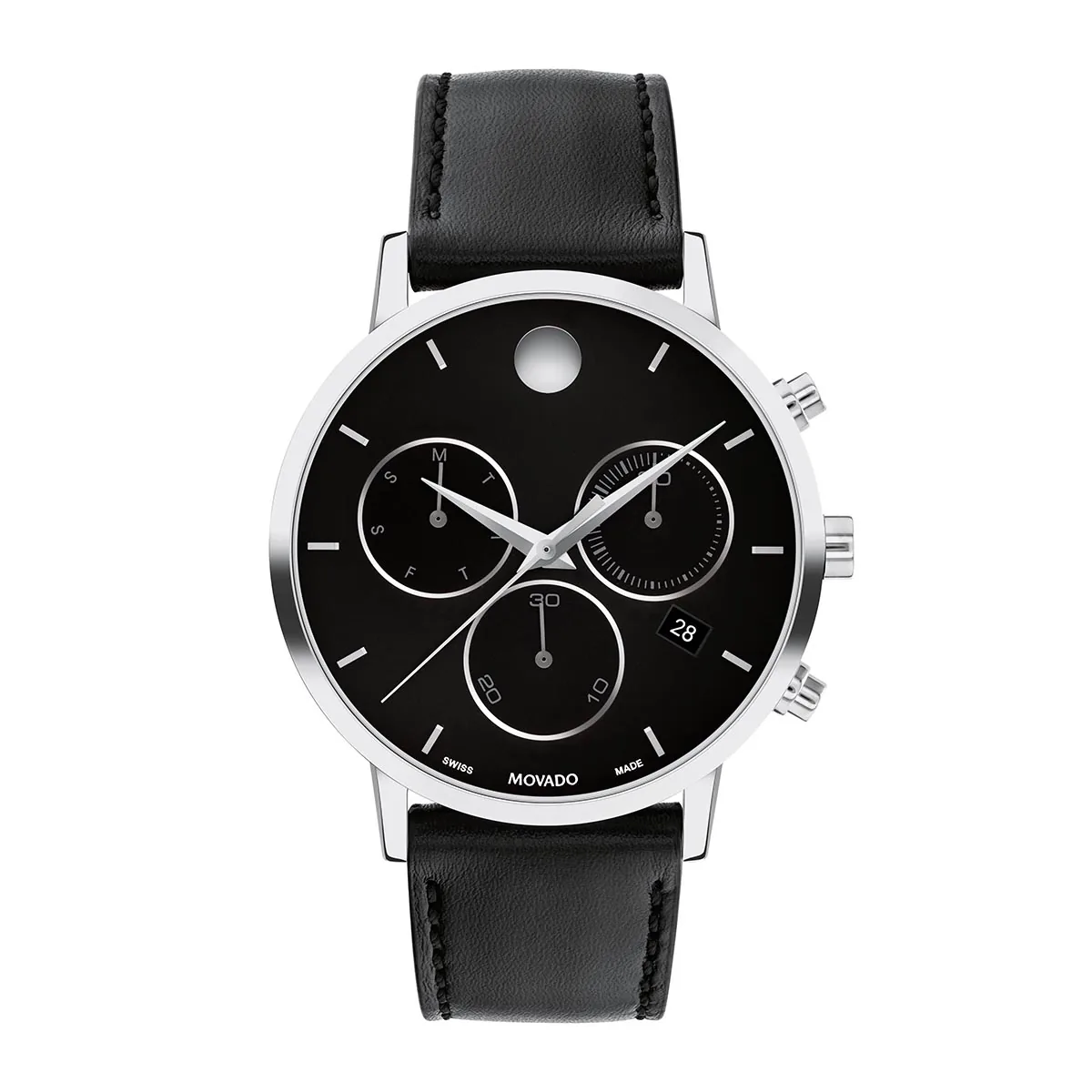 Reloj Movado análogo, para Hombre, tablero redondo colores negro y plateado, estilo index, pulso cuero color negro, calendario, cronografo