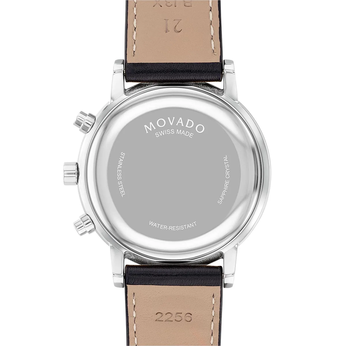 Reloj Movado análogo, para Hombre, tablero redondo colores negro y plateado, estilo index, pulso cuero color negro, calendario, cronografo