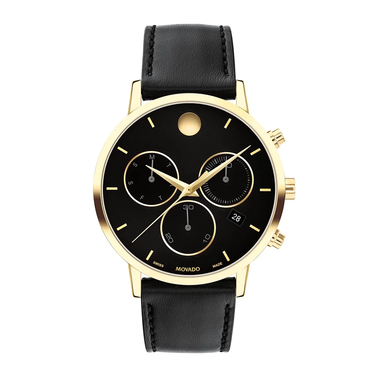 Reloj Movado análogo, para Hombre, tablero redondo colores negro y dorado, estilo index, pulso cuero color negro, calendario, cronografo