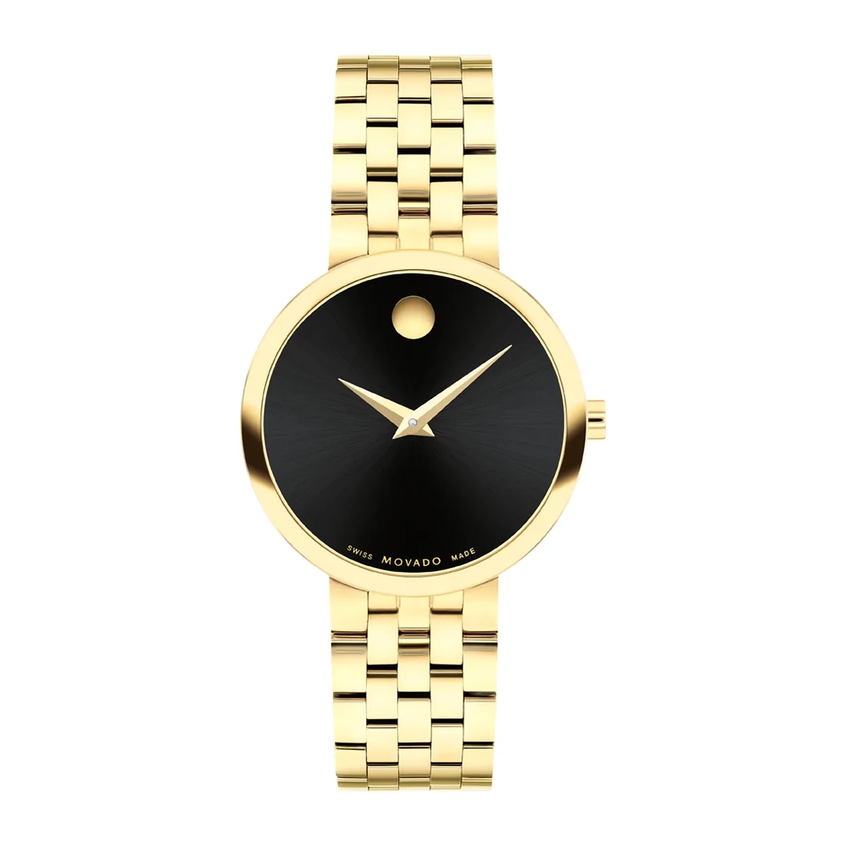 Reloj Movado análogo, para Dama, tablero redondo color negro, estilo sin números, pulso acero color dorado