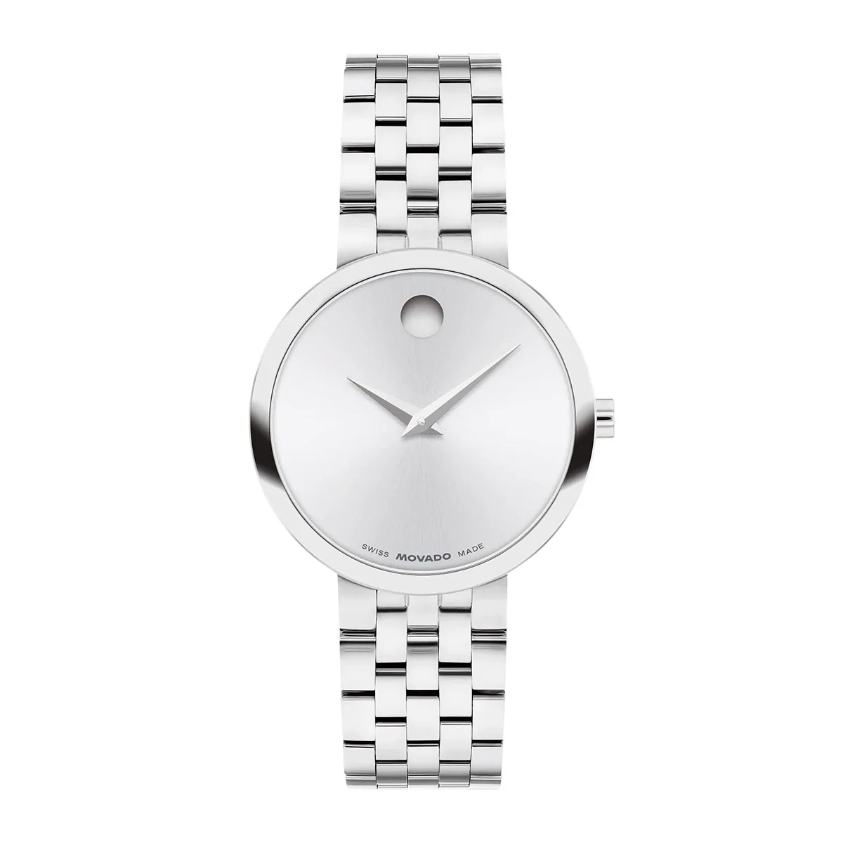 Reloj Movado análogo, para Dama, tablero redondo color plateado, estilo sin números, pulso acero color plateado