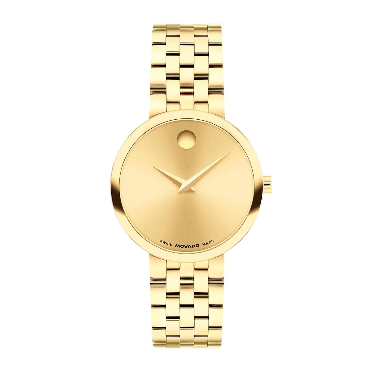Reloj Movado análogo, para Dama, tablero redondo color dorado, estilo puntos, pulso acero color dorado