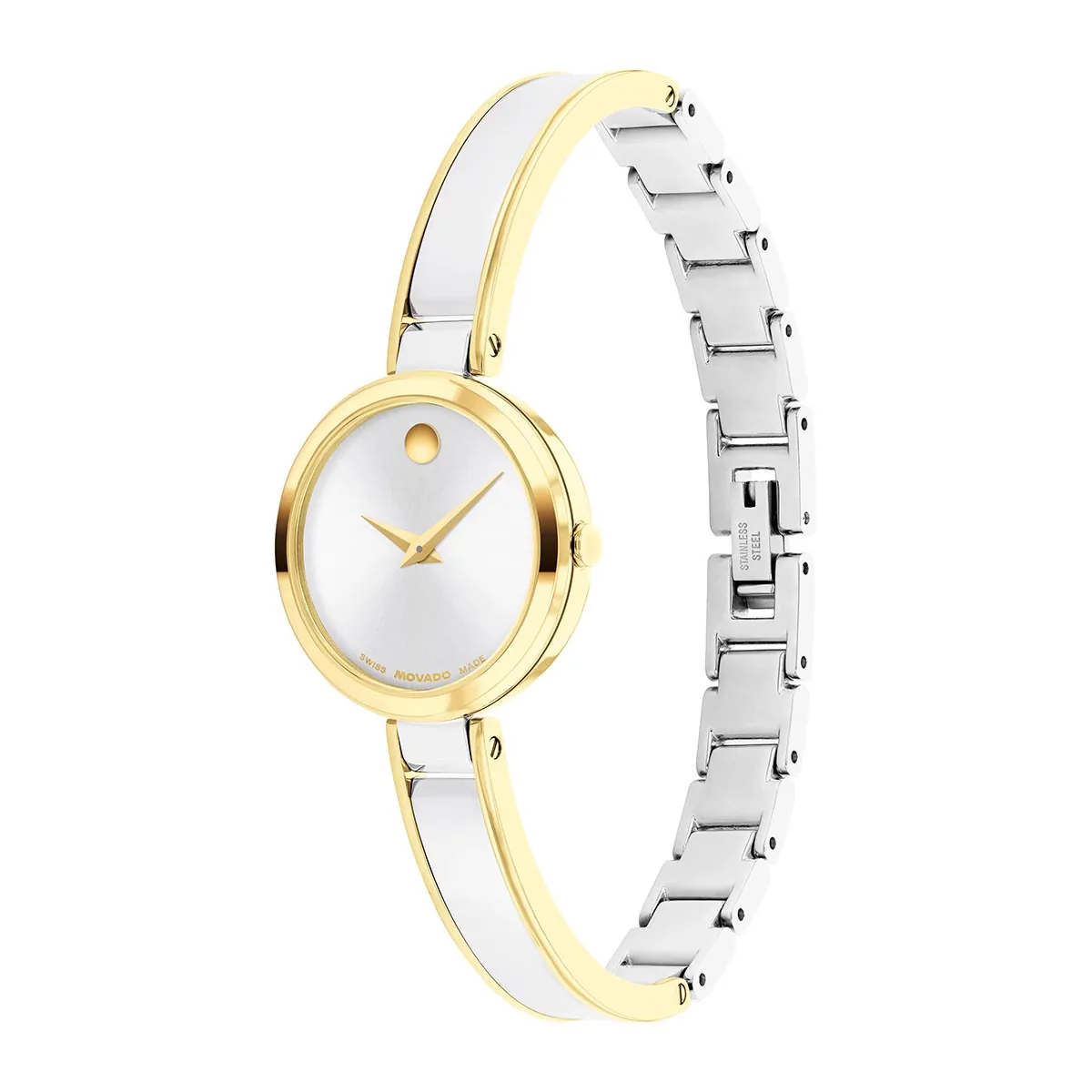Reloj Movado análogo, para Dama, tablero redondo colores plateado y dorado, estilo sin números, pulso acero colores plateado y dorado