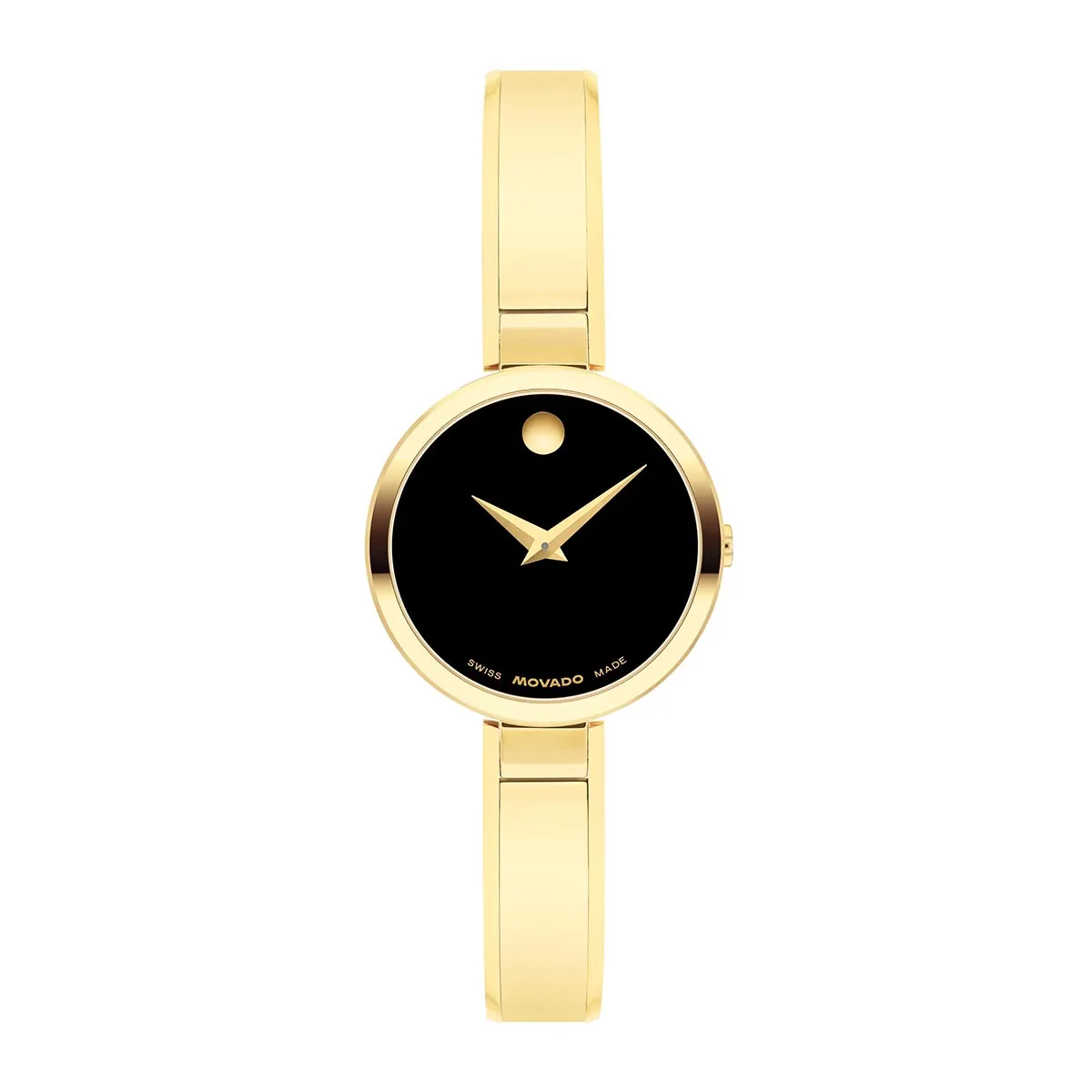 Reloj Movado análogo, para Dama, tablero redondo colores negro y dorado, estilo sin números, pulso acero color dorado
