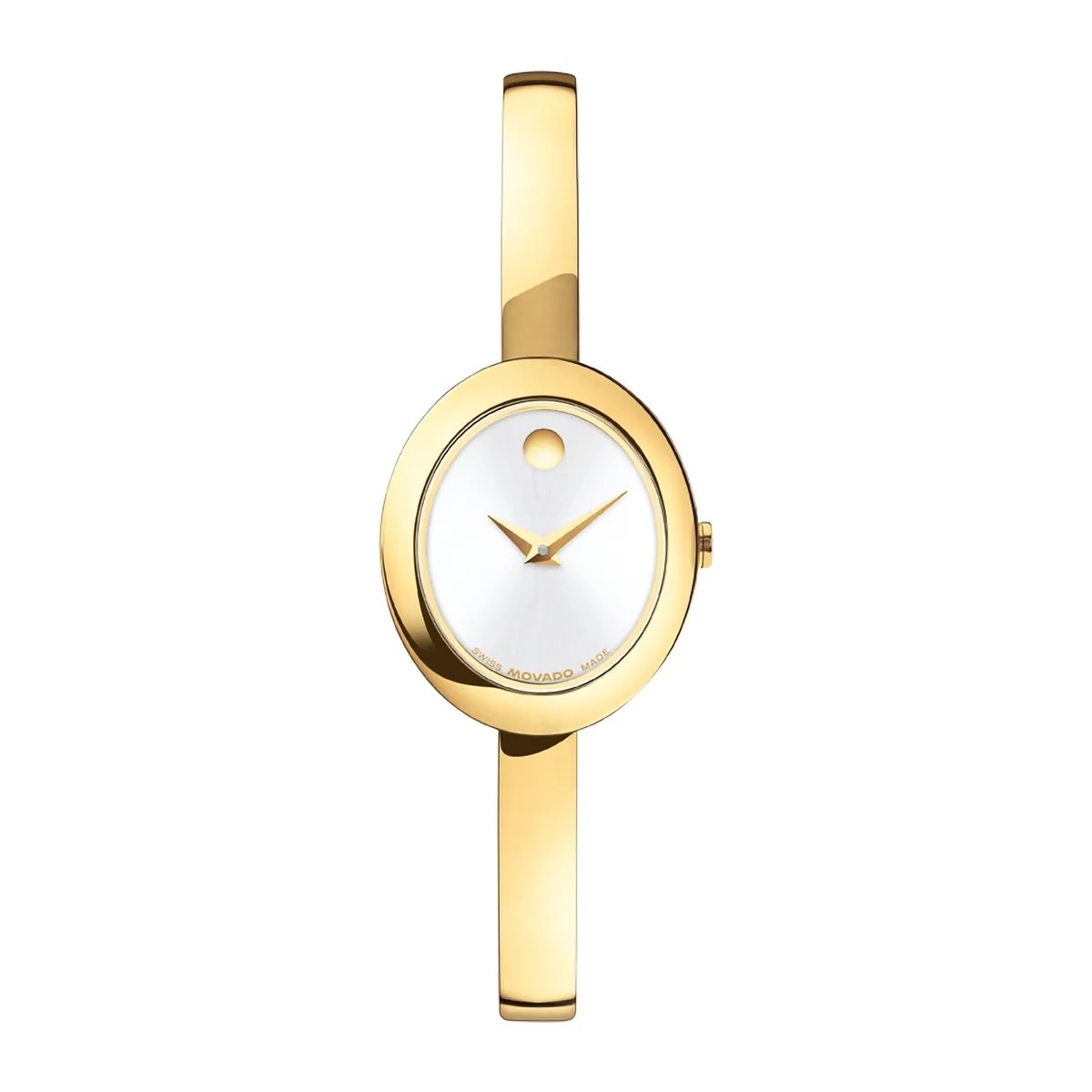 Reloj Movado análogo, para Dama, tablero ovalado color dorado, estilo sin números, pulso acero color dorado