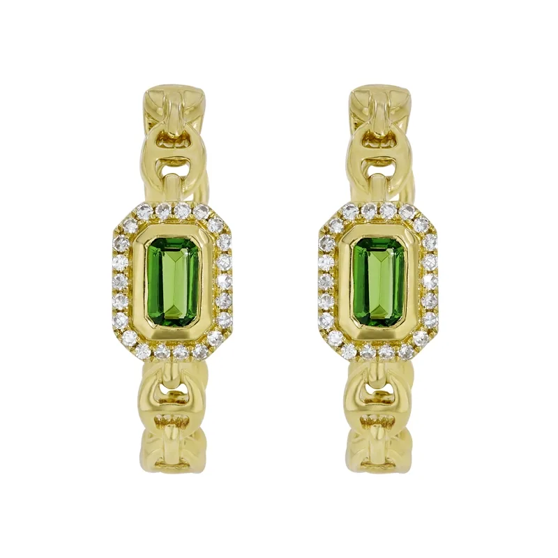 Candongas en oro amarillo de 18 Kilates, con 2 granates centrales y decoración en diamantes de 0.15 Ct, 3.50 mm. de ancho