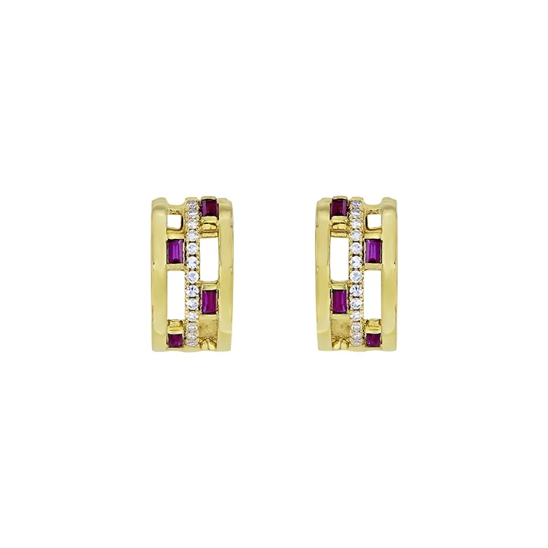 Candongas en oro amarillo de 18 Kilates, Franjas, con rubís de 0.37 Ct y diamantes de 0.18 Ct