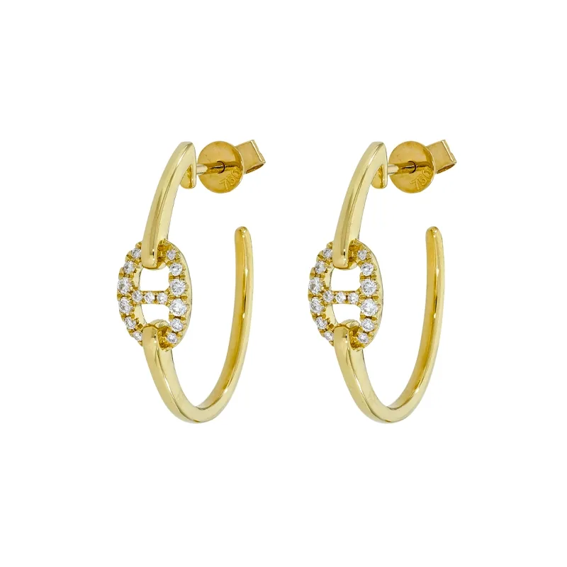 Candongas en oro amarillo de 18 Kilates, Plana, con diamantes de 0.19 Ct, 1 mm. de ancho