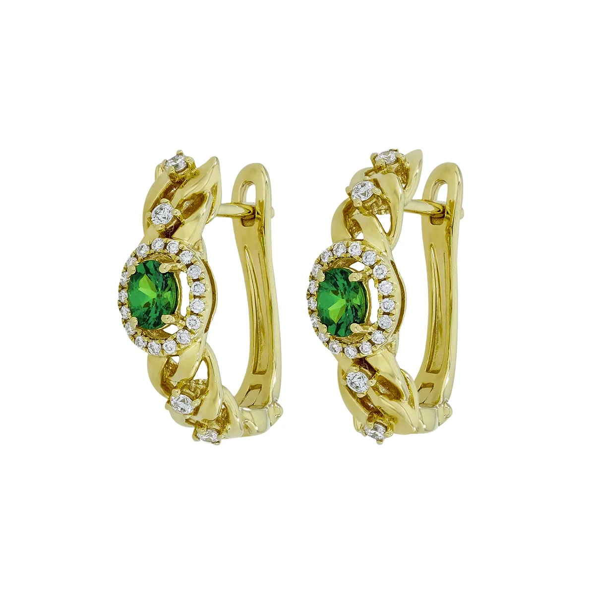 Candongas en oro amarillo de 18 Kilates, Franjas, con 2 granates centrales y decoración en diamantes de 0.22 Ct, 1.50 mm. de ancho