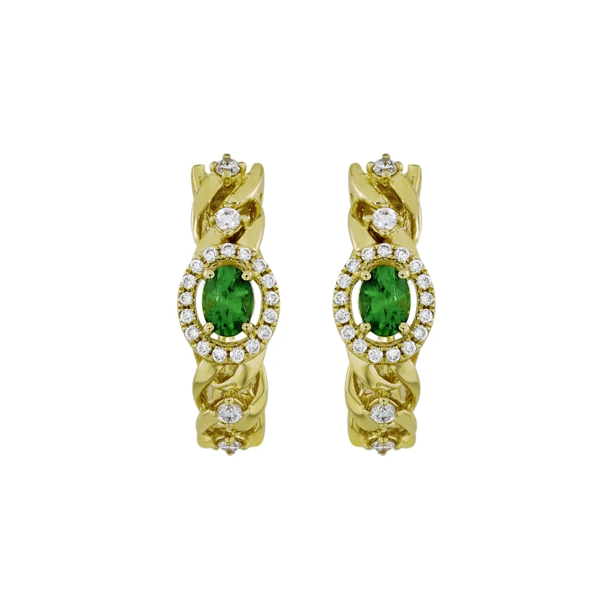 Candongas en oro amarillo de 18 Kilates, Franjas, con 2 granates centrales y decoración en diamantes de 0.22 Ct, 1.50 mm. de ancho