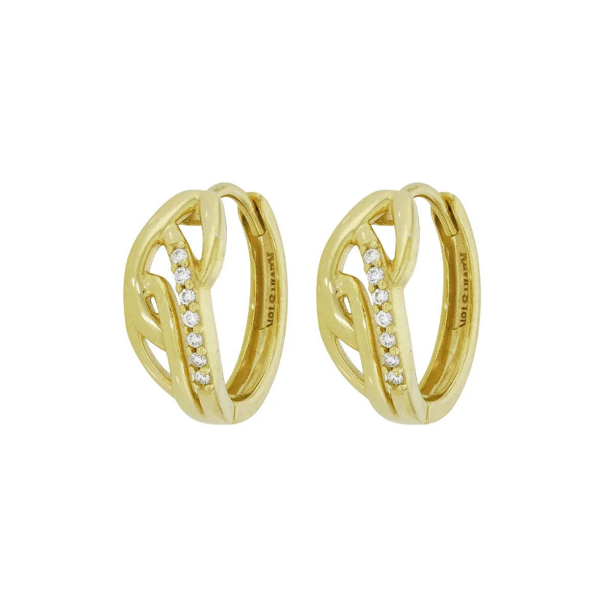 Candongas en oro amarillo de 18 Kilates, Franjas, con diamantes de 0.07 Ct, 2 mm. de ancho
