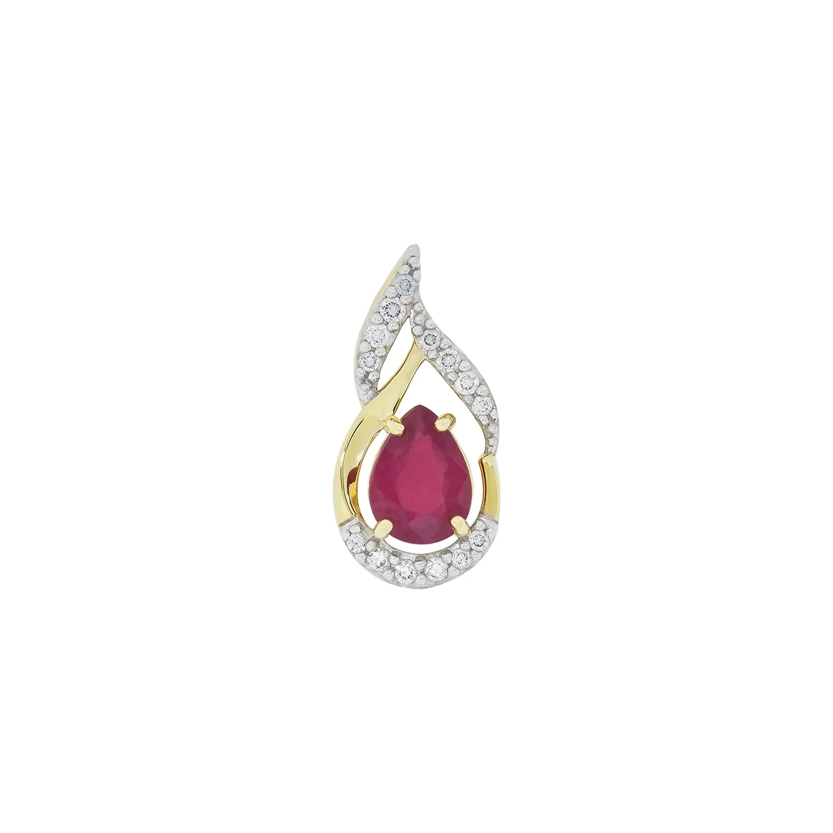 Dije en oro amarillo de 18 Kilates, Onda, con rubí central de 1.50 Ct y decoración en diamantes de 0.17 Ct