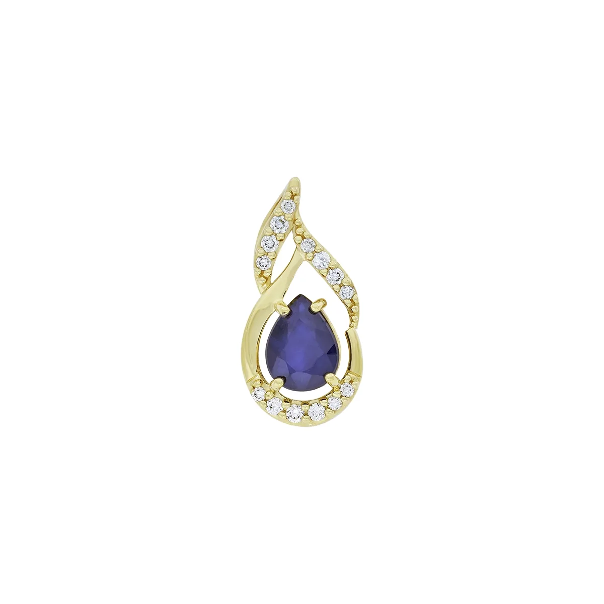 Dije en oro amarillo de 18 Kilates, Onda, con zafiro central de 1.25 Ct y decoración en diamantes de 0.17 Ct