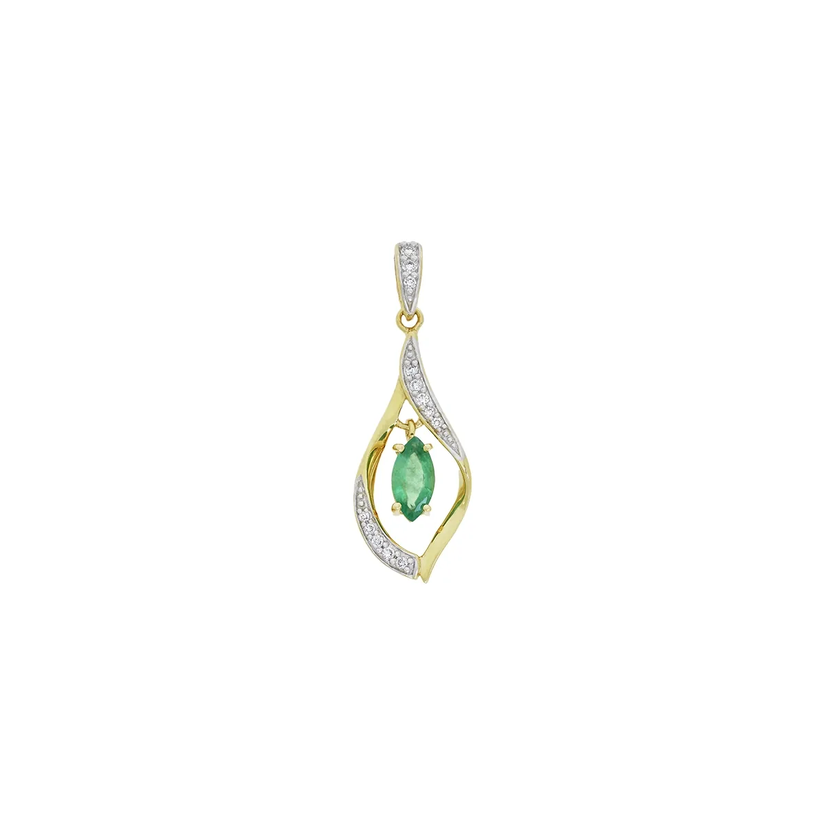 Dije en oro amarillo de 18 Kilates, Franjas, con esmeralda central de 0.45 Ct y decoración en diamantes de 0.11 Ct