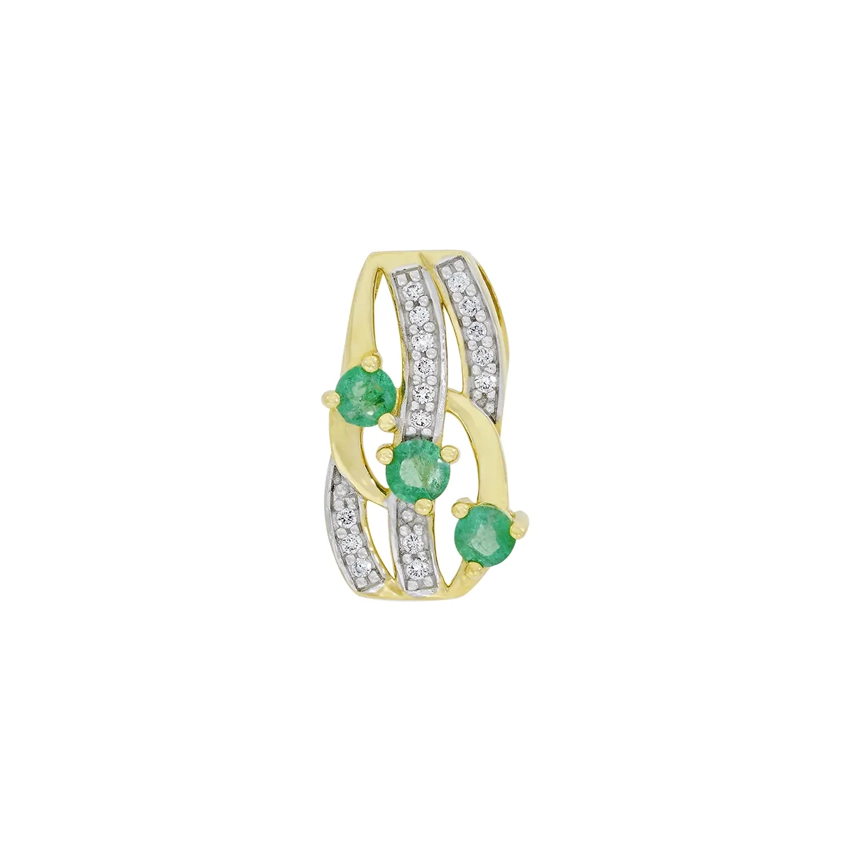 Dije en oro amarillo de 18 Kilates, Franjas, con 3 esmeraldas centrales de 0.35 Ct y decoración en diamantes de 0.08 Ct