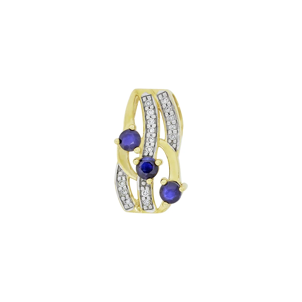 Dije en oro amarillo de 18 Kilates, Franjas, con 3 zafiros centrales de 0.45 Ct y decoración en diamantes de 0.08 Ct