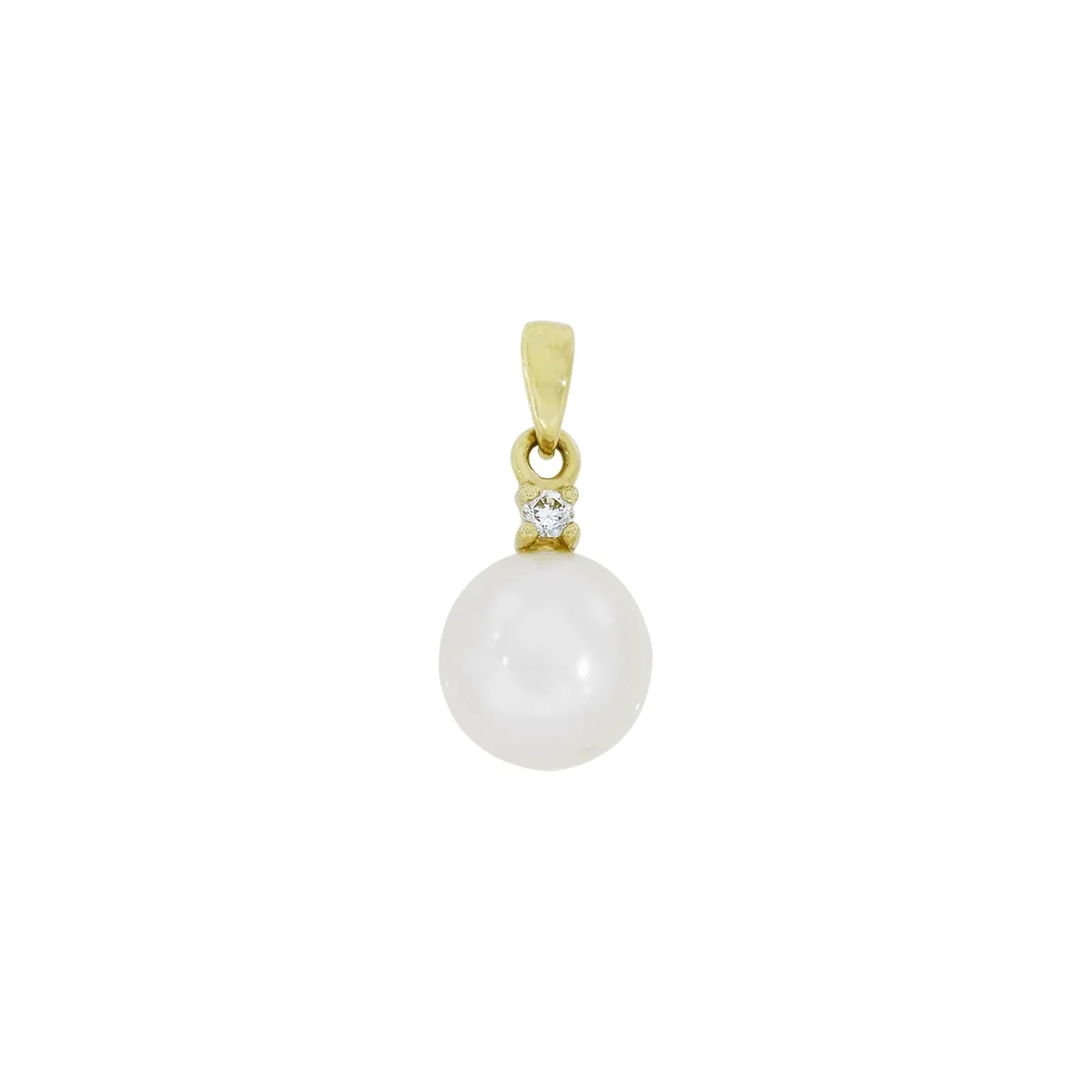 Dije en oro amarillo de 18 Kilates, con perla central de 7 mm de ancho aprox y decoración en zircón