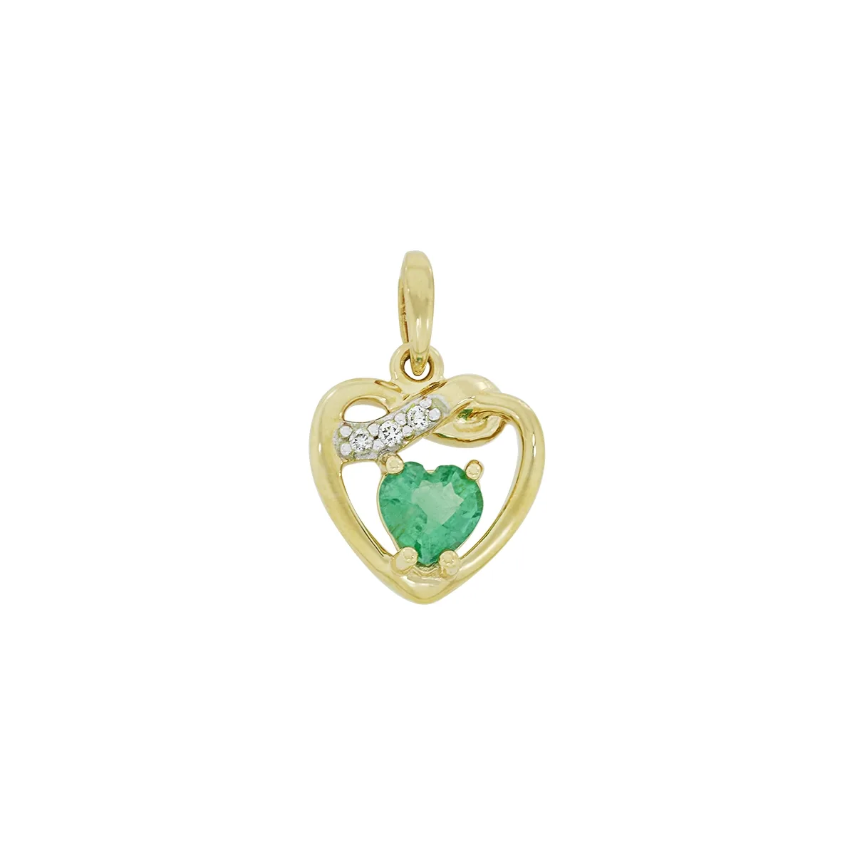 Dije de corazón en oro de 18 Kilates, con esmeralda central de 0.25 Ct y decoración en diamantes de 0.02 Ct