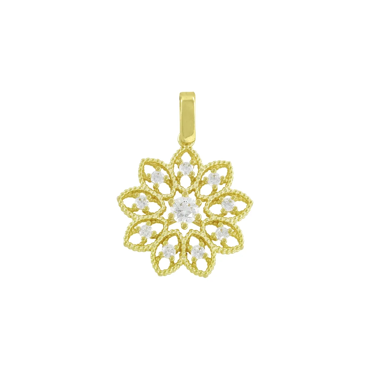 Dije de flor en oro amarillo de 18 Kilates, con zircones