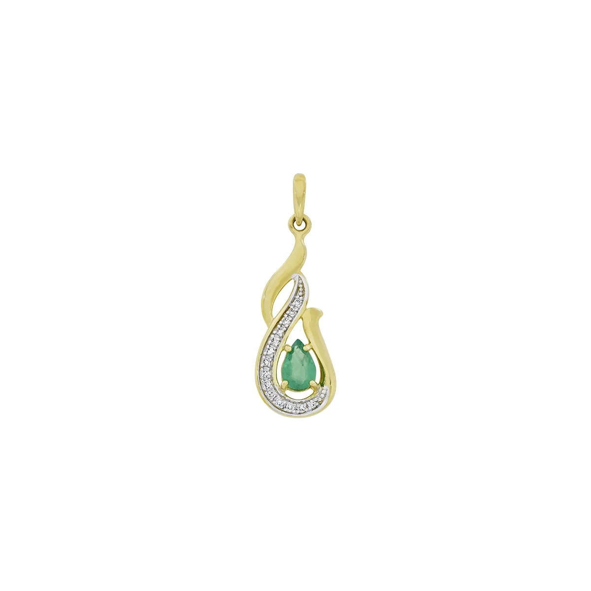 Dije en oro amarillo de 18 Kilates, Onda, con esmeralda central de 0.40 Ct y decoración en diamantes de 0.07 Ct