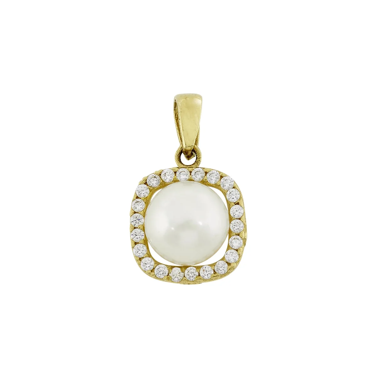 Dije en oro amarillo de 18 Kilates, Bisel, con perla central de 6.50 mm de ancho aprox y decoración en zircones