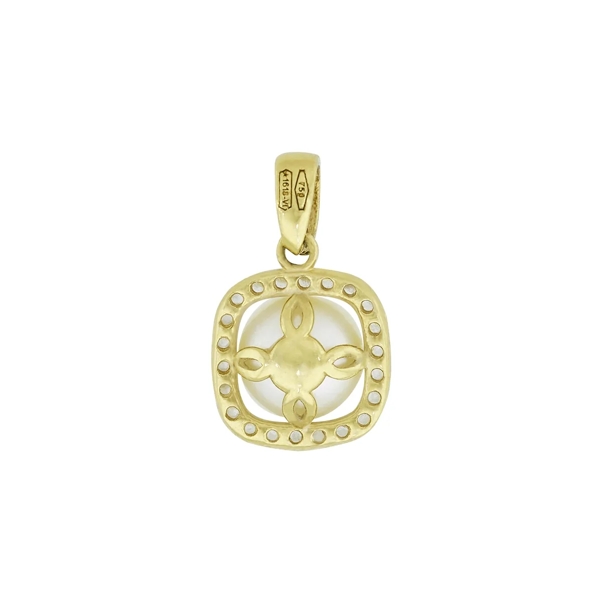 Dije en oro amarillo de 18 Kilates, Bisel, con perla central de 6.50 mm de ancho aprox y decoración en zircones