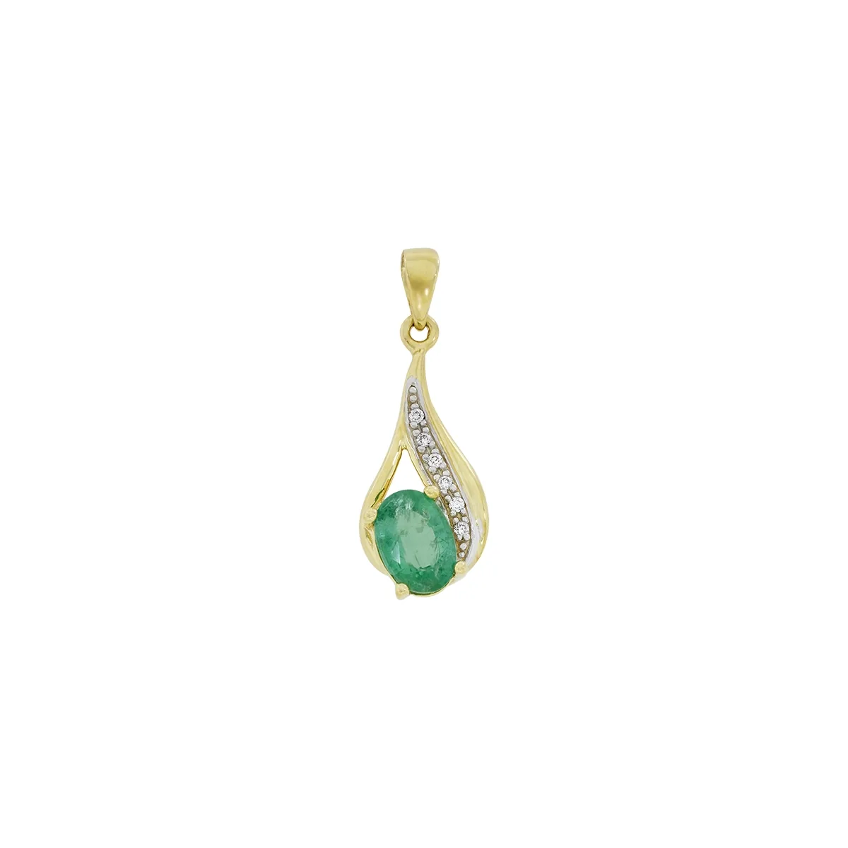 Dije en oro amarillo de 18 Kilates, Lágrima, con esmeralda central de 0.70 Ct y decoración en diamantes de 0.03 Ct